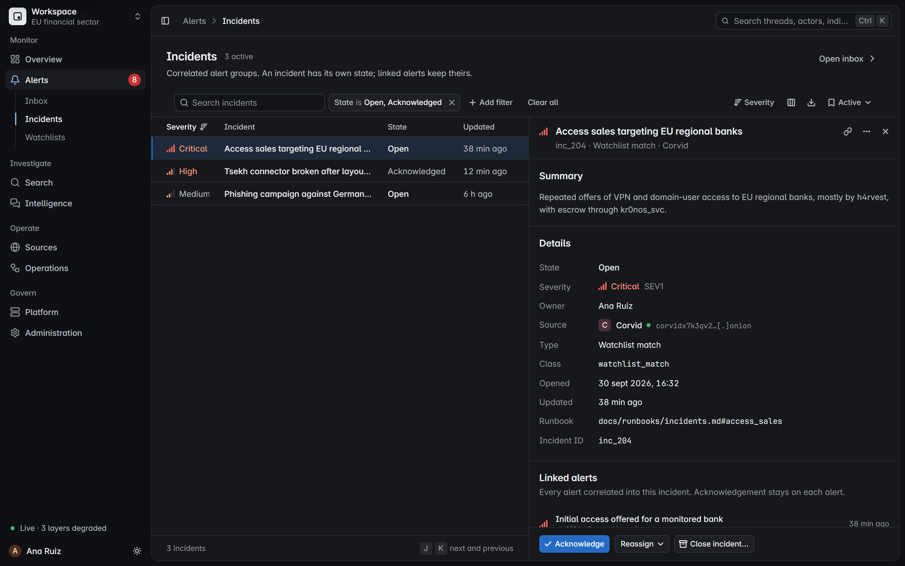 Incident detail in the product: the summary, state, severity and owner of an incident that groups related alerts.