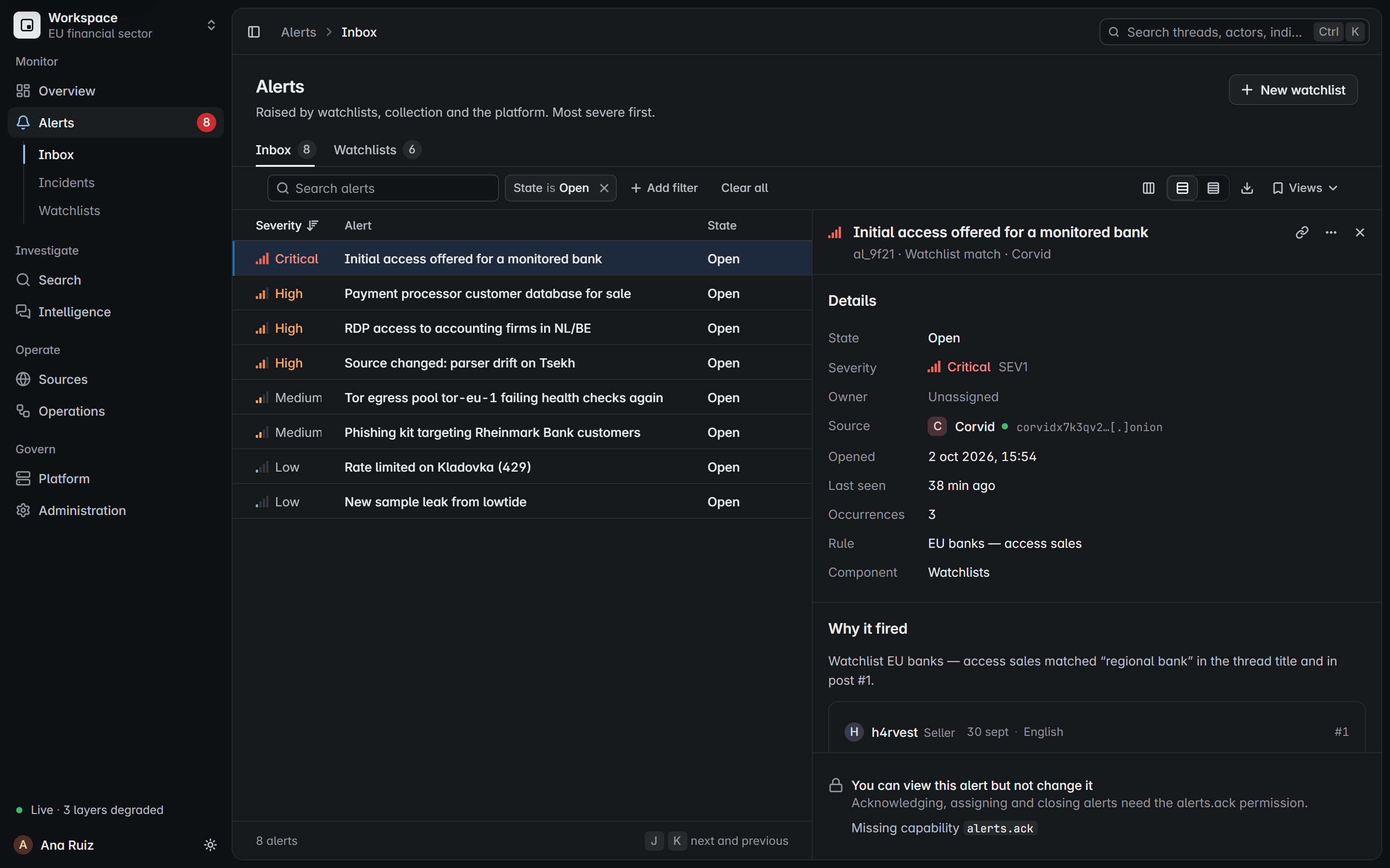 An alert opened without the permission to change it: it can be read, while acknowledging, assigning and closing need the alerts.ack permission.