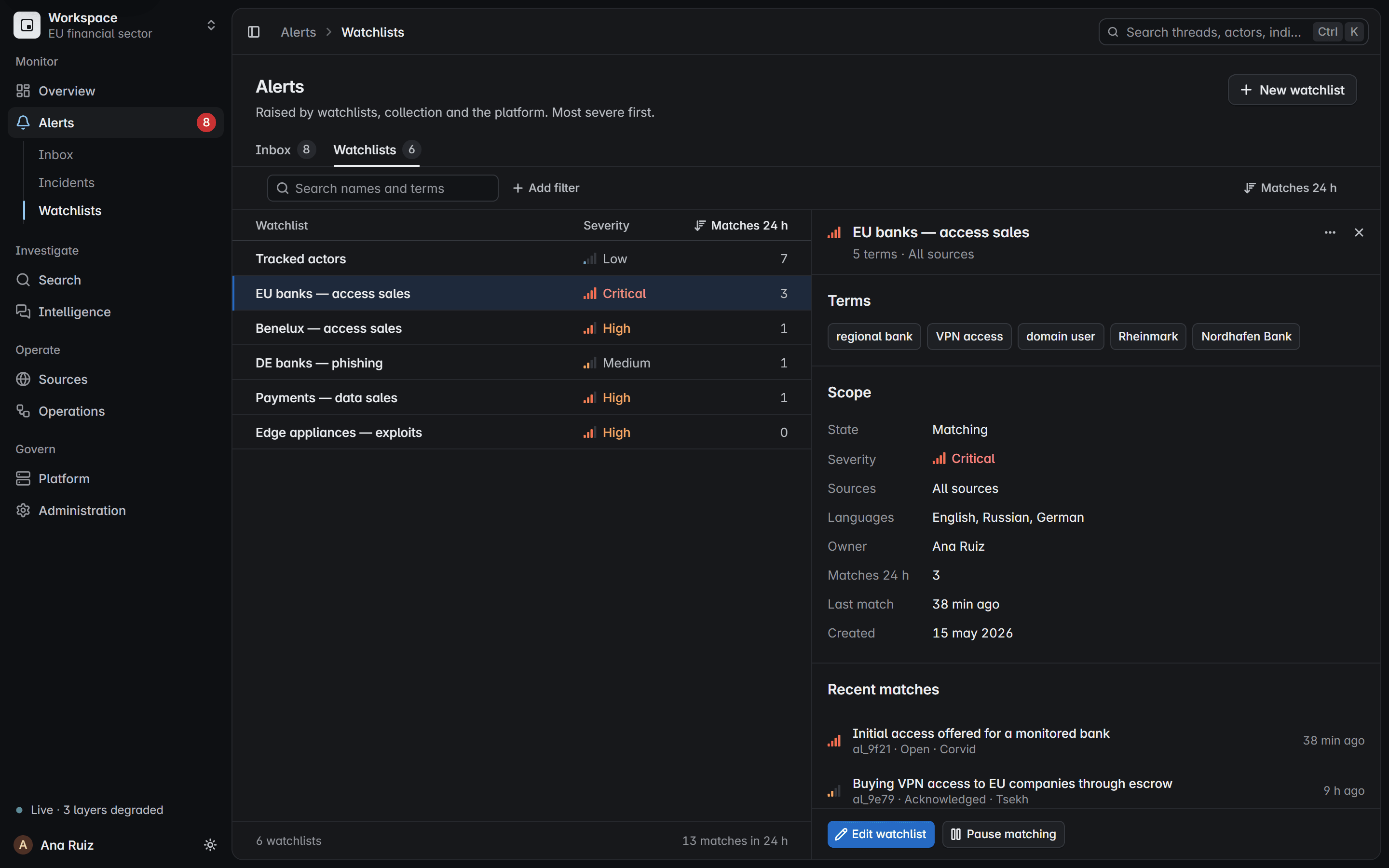 Watchlist detail in the product: its terms, scope, severity, owner and last match.