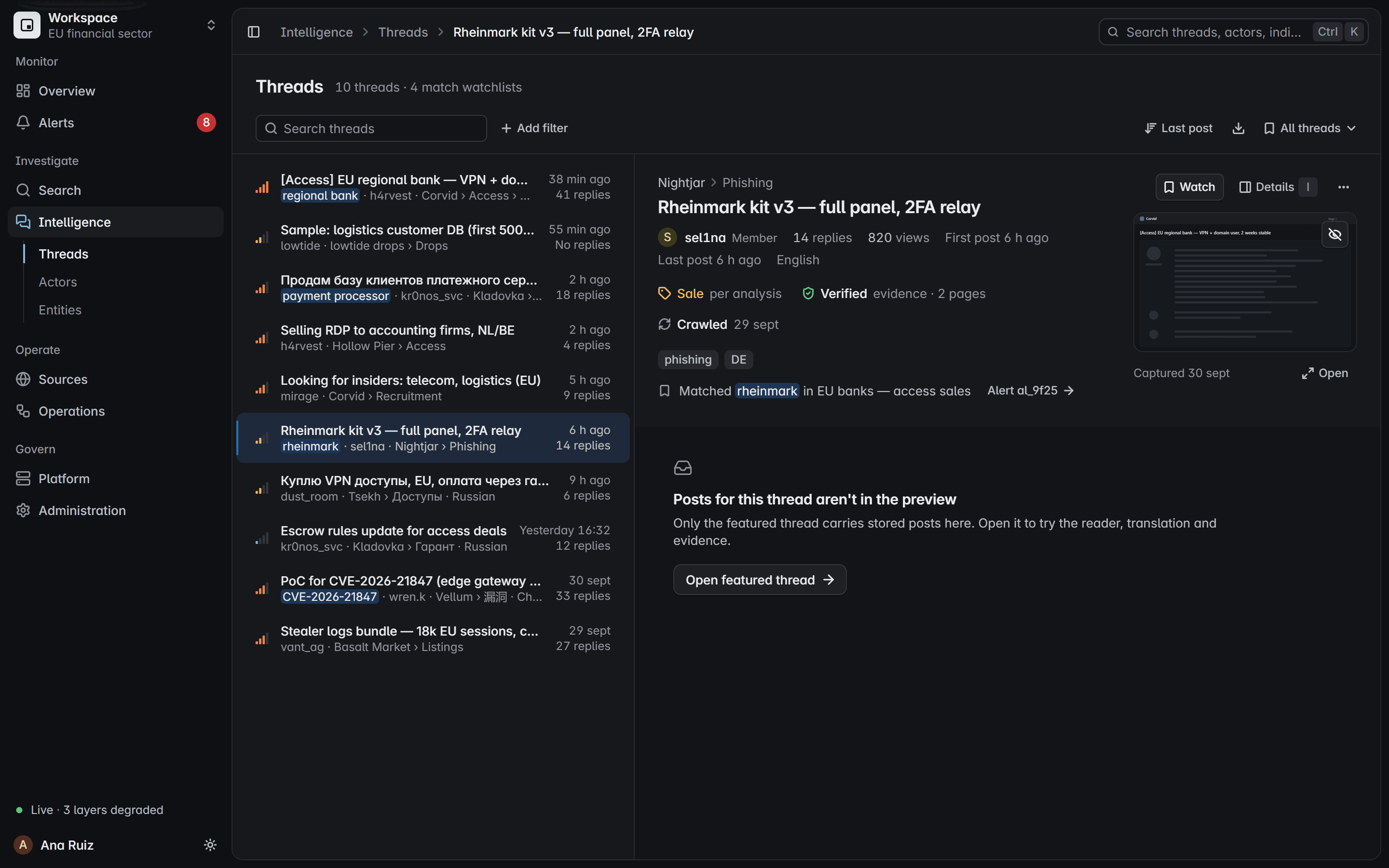 Un hilo de un foro público en la pantalla Hilos, con sus respuestas, su último post y la coincidencia con una lista de vigilancia.