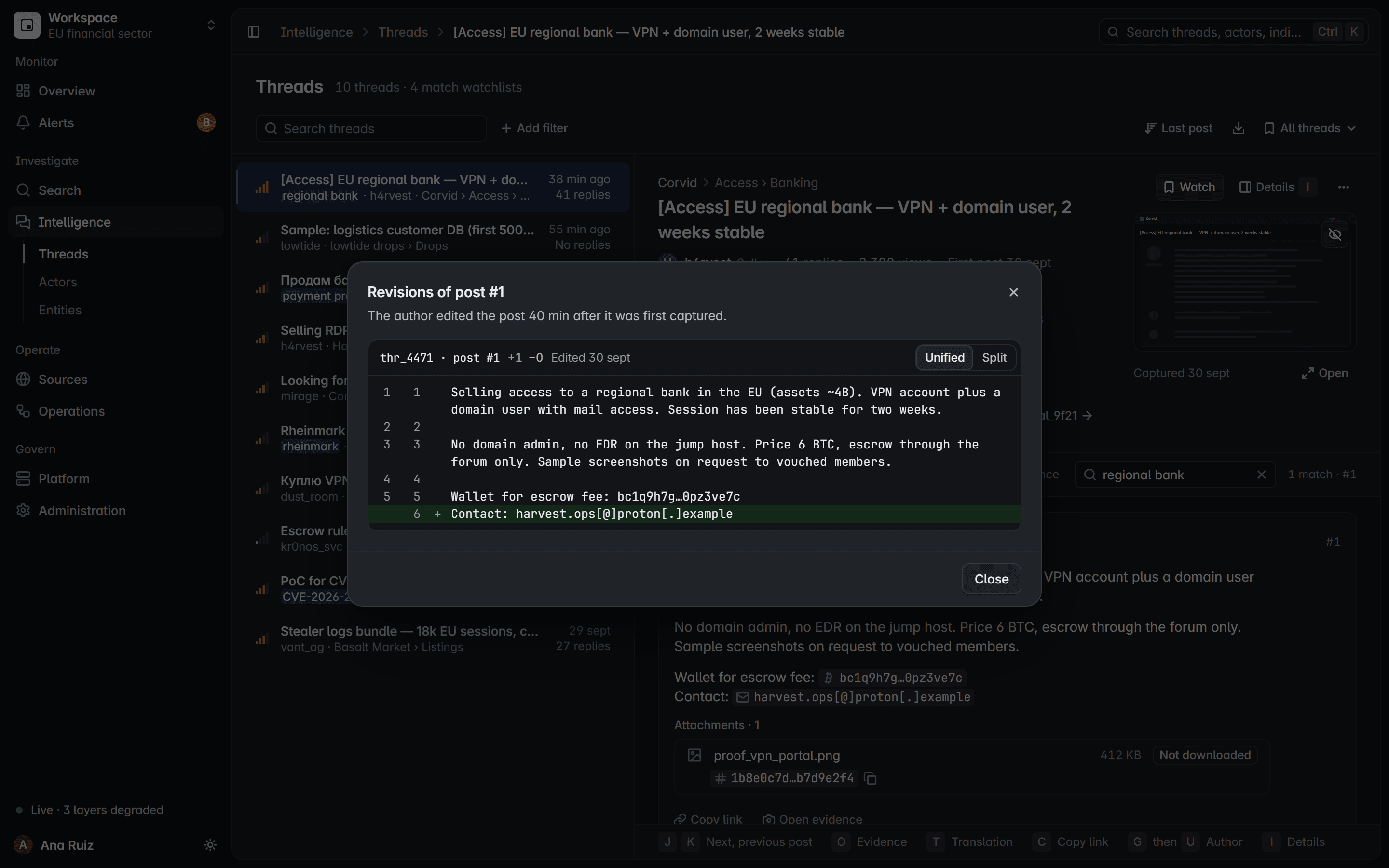 Las revisiones de un post: la línea de contacto que el autor añadió tras la primera captura, guardada junto a la versión anterior.