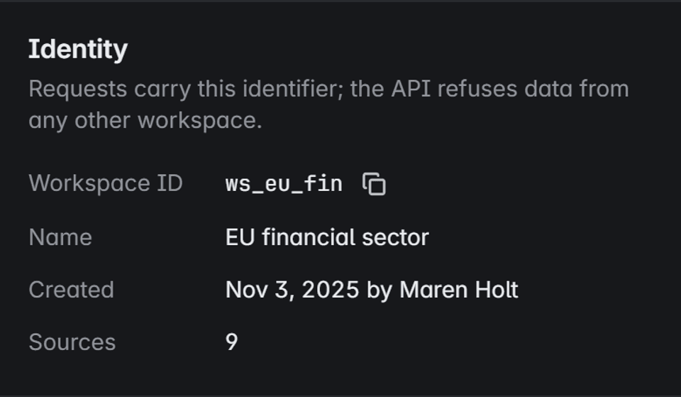 Pantalla de espacios de trabajo: el espacio del sector financiero de la UE, cuya sección de identidad explica que la API rechaza datos de cualquier otro espacio.