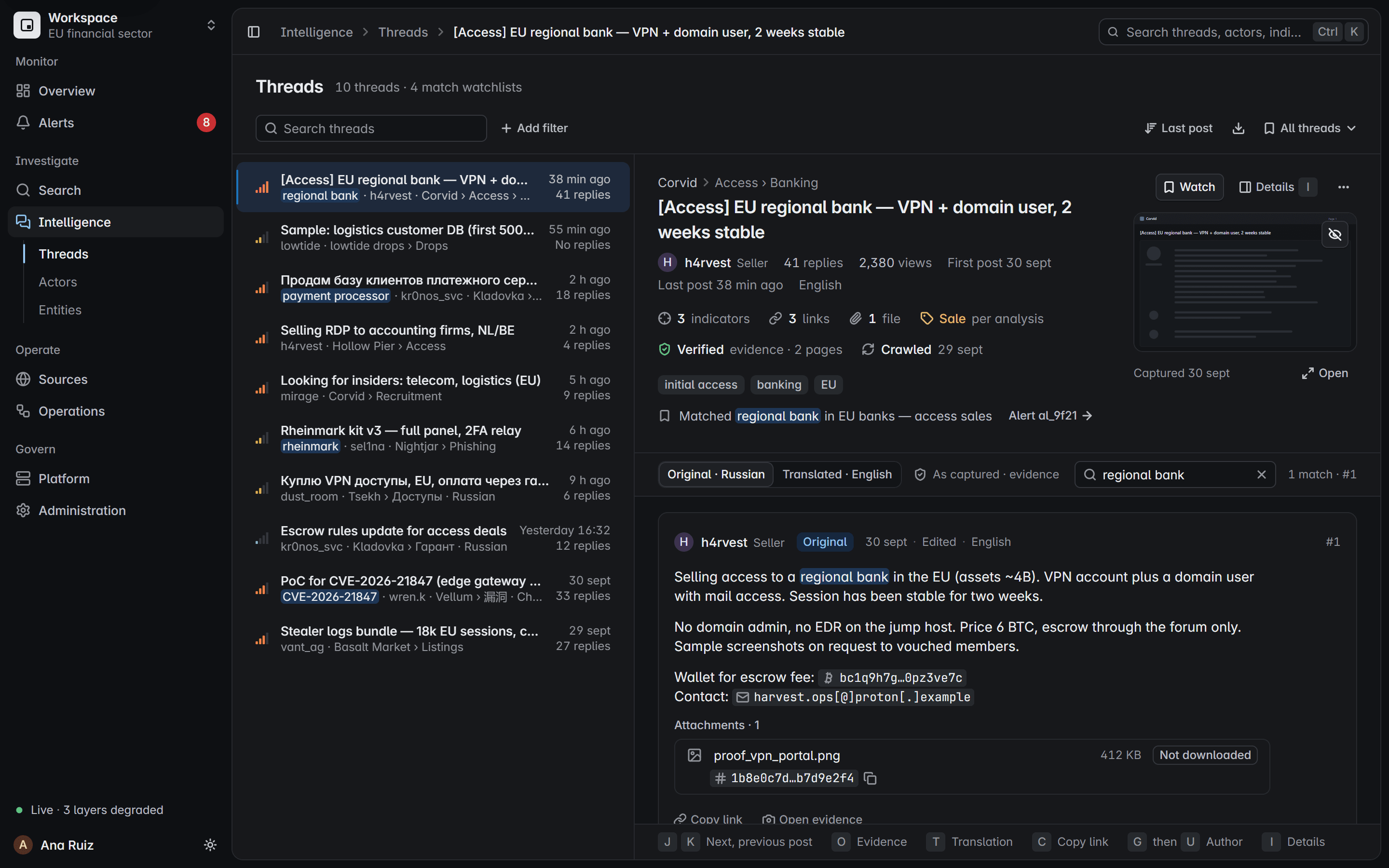The analyst console showing a captured thread, with fictional data