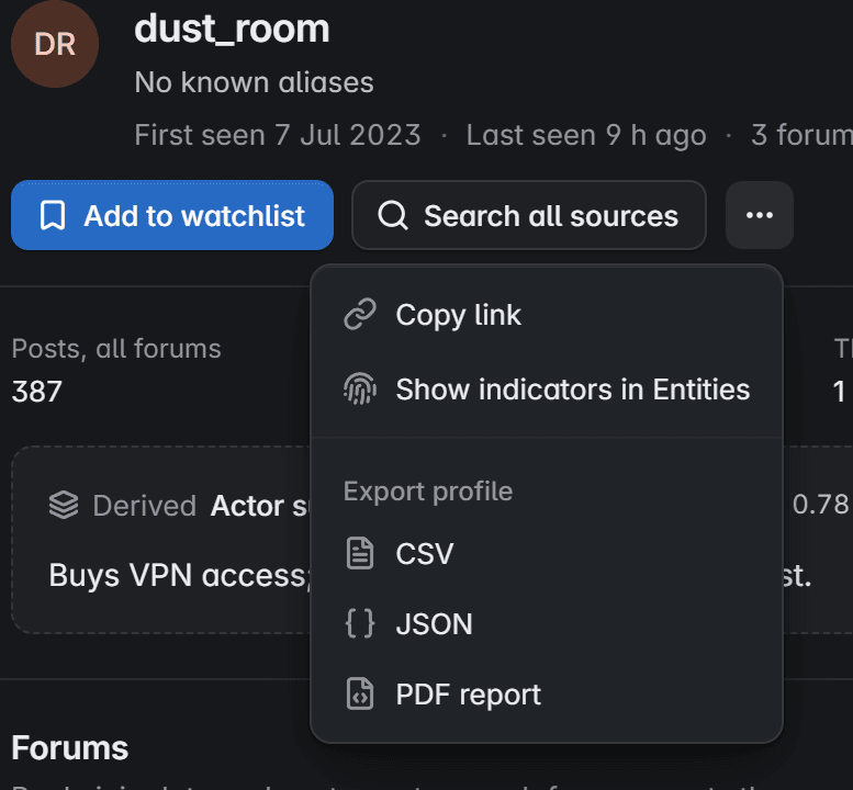 El perfil de un actor con su menú de acciones abierto: copiar enlace, ver indicadores y exportar el perfil en CSV, JSON o informe PDF.