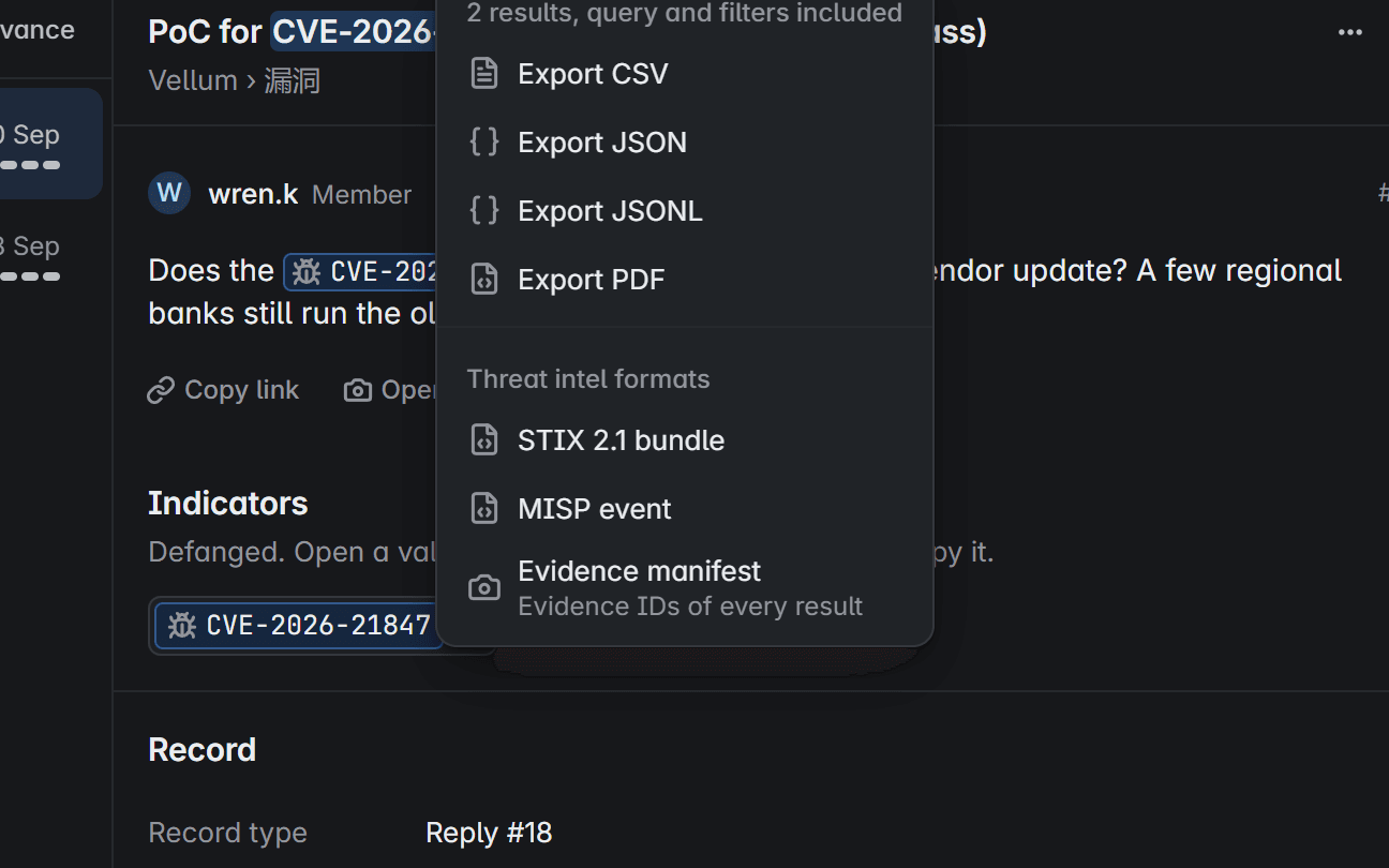 Resultados de búsqueda con el menú de exportación abierto: CSV, JSON, JSONL y PDF, formatos de inteligencia y un manifiesto de evidencia.